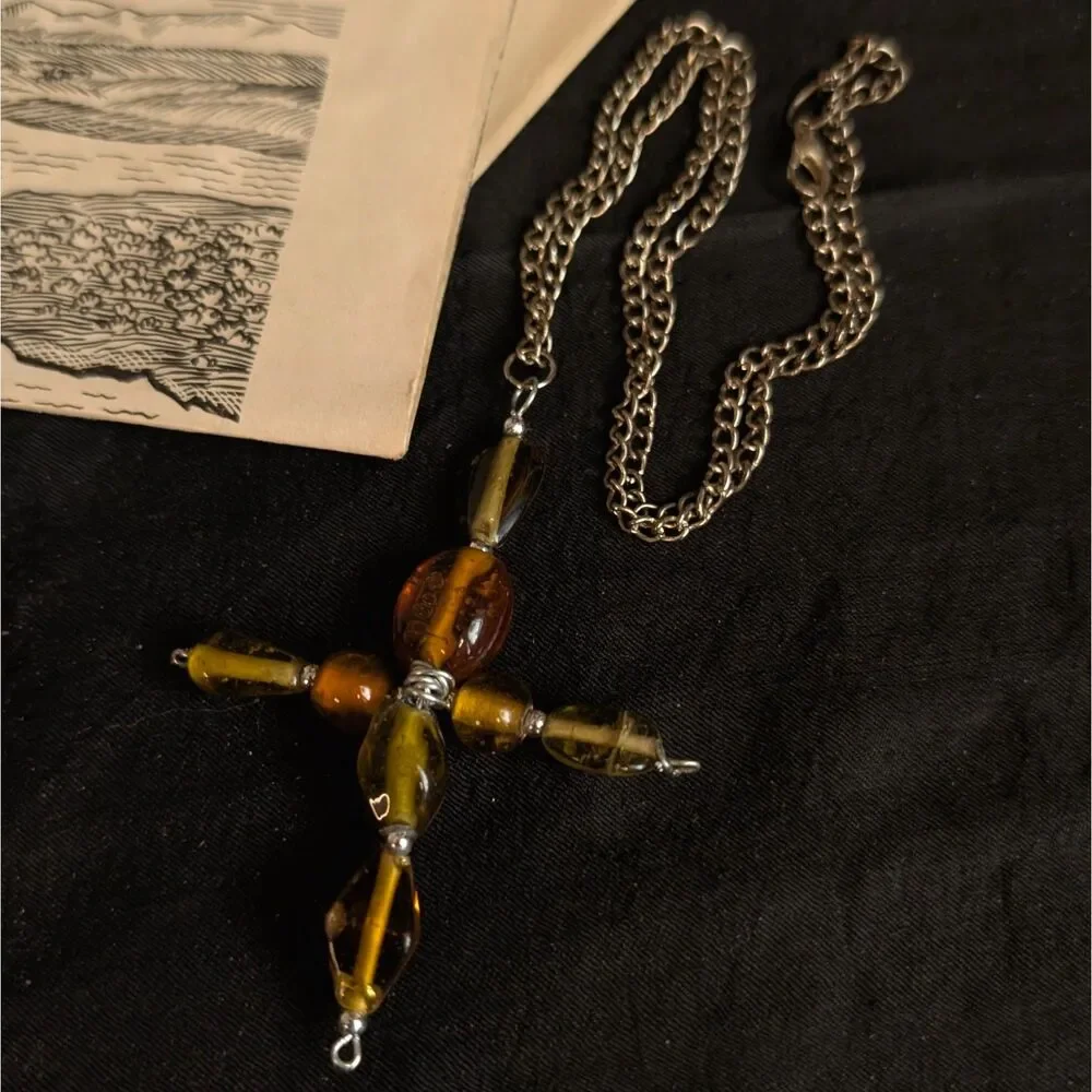 Glass Beaded Cross Pendant Chain Necklace Silver Brown Short